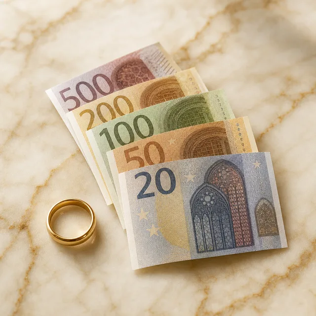 Banconote euro ordinate su marmo accanto a un anello d’oro