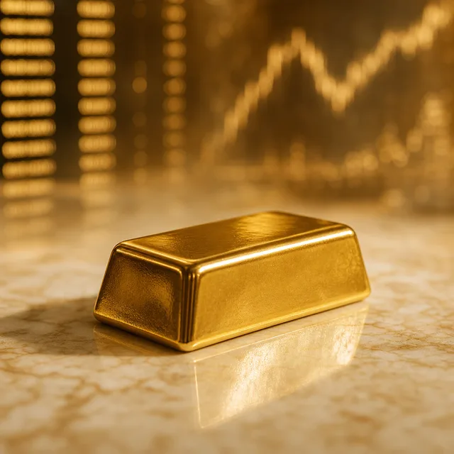 Lingotto d’oro in primo piano con quotazioni dorate sfocate