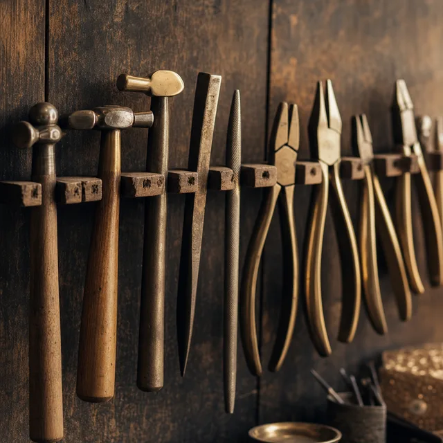 Utensili orafi d'epoca ordinati su un banco in legno vissuto