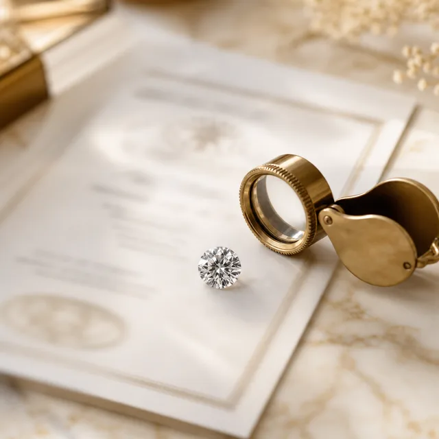 Diamante su certificato gemmologico con lente in ottone