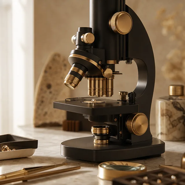 Microscopio gemmologico moderno con dettagli ottici in ottone