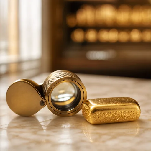 Lente da gioielliere in ottone su marmo con quotazioni dorate sfocate