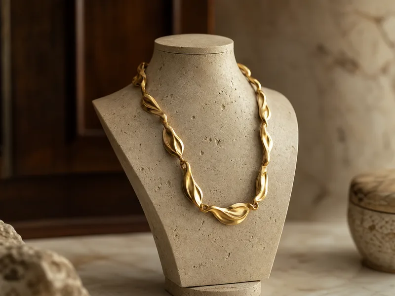 Collana scultorea in oro su busto espositivo in pietra chiara
