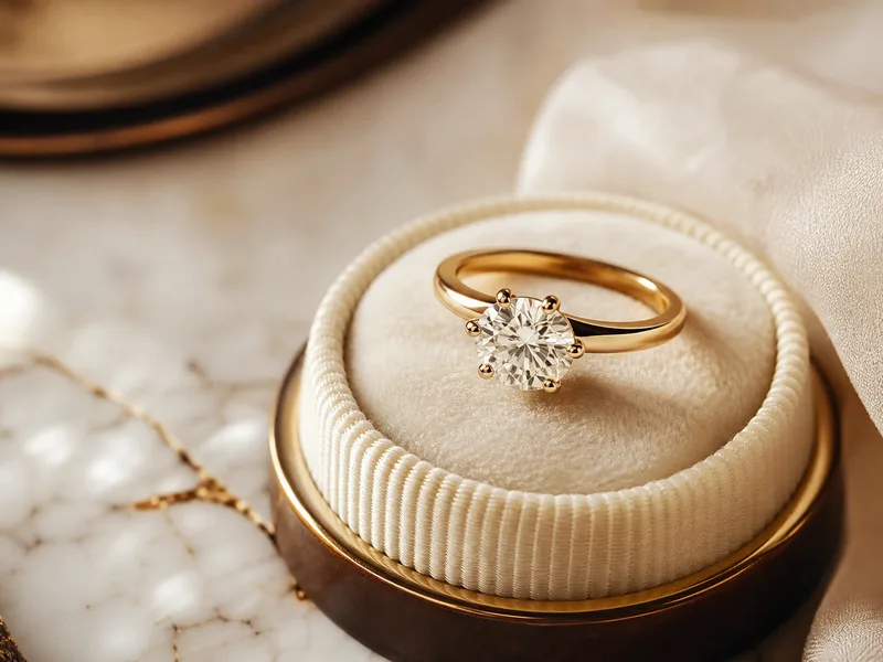 Anello solitario in oro con diamante su cuscinetto in velluto avorio, luce romantica