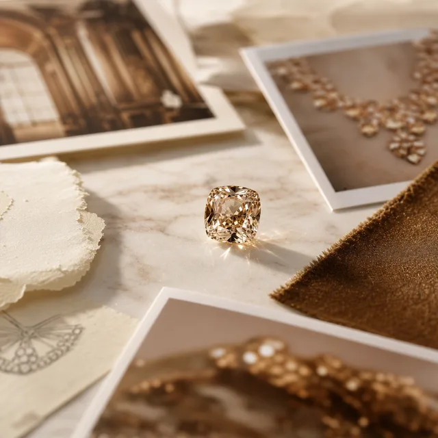 Moodboard di ispirazione con fotografie sfocate e pietra preziosa champagne nitida al centro