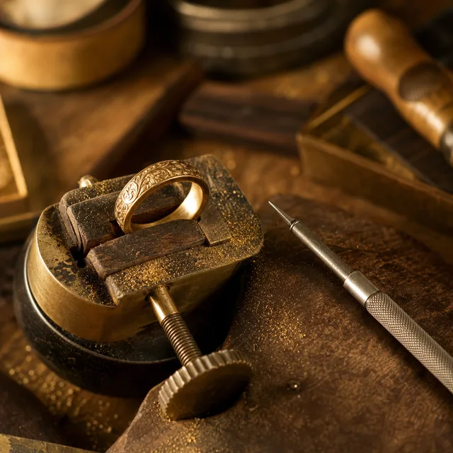 Anello in oro in lavorazione fissato al banco orafo con utensile fine sotto luce calda