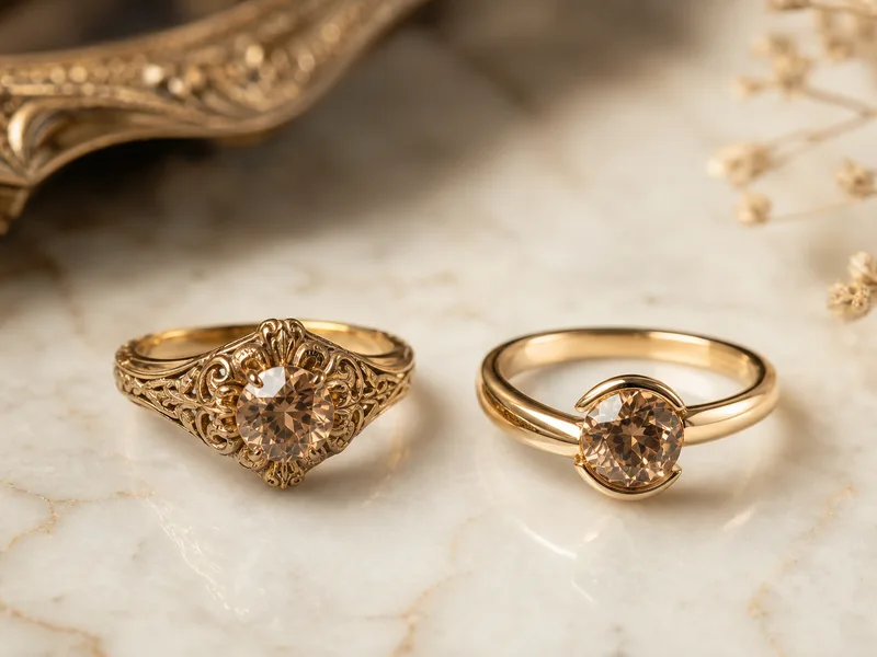 Anello d’epoca accanto all’anello contemporaneo nato dalla sua trasformazione, su marmo chiaro