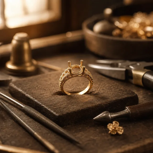 Banco orafo con utensili fini e anello in oro in lavorazione