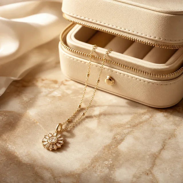 Astuccio portagioie in pelle avorio con collana d’oro